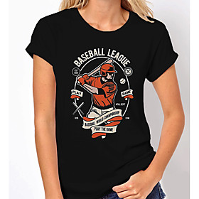 Women's Painting T shirt Text Baseball Print Round Neck Basic Tops Cotton Black