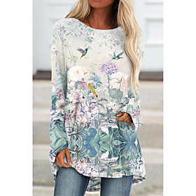 Women's Floral Theme Painting Tunic T shirt Floral Bird Long Sleeve Print Round Neck Basic Tops Green