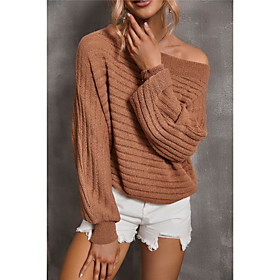 Women's Pullover Sweater Classic Style Solid Color Basic Casual Cotton Long Sleeve Loose Sweater Cardigans Wide collar Fall Spring Brown
