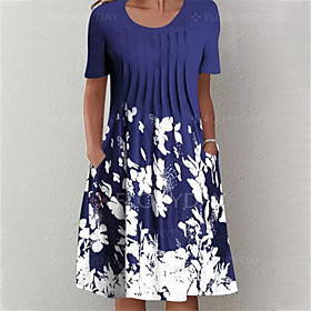 Women's A Line Dress Knee Length Dress Blue Short Sleeve Floral Pocket Print Summer Round Neck Casual 2021 S M L XL XXL