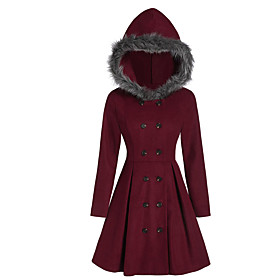 Women's Coat Christmas Fall Winter Long Coat Regular Fit Warm Casual Jacket Long Sleeve Solid Color Fur Trim Wine Black