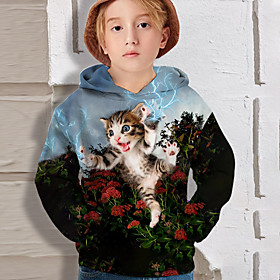 Sweat à capuche Garçon Enfants Manches Longues 3D effet Bande dessinée Chat Animal Bleu clair Enfants Hauts L'autume Actif du quotidien Standard 4-12 ans