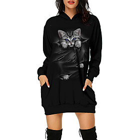 Femme Sweat-shirt à capuche Animal Imprimer Décontractée du quotidien 3D effet basique Polaire fine Pulls Capuche Pulls molletonnés Noir