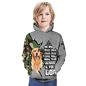 Sweat à capuche Garçon Enfants Manches Longues 3D effet Chien Lettre Animal Poche Noir Enfants Hauts L'autume Actif Extérieur Standard 4-12 ans