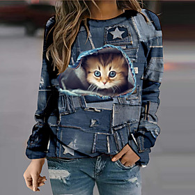 Femme Sweat-shirt Sweat Chat 3D Animal Imprimer du quotidien Des sports 3D effet Actif Vêtement de rue Pulls Capuche Pulls molletonnés Bleu Marine