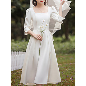 A-Line Wedding Dresses Square Neck Tea Length Satin Half Sleeve Simple Vintage Little White Dress 1950s with Pleats 2021
