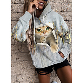 Femme Sweat à capuche Sweat-shirt Chat 3D Animal 3D Poche avant Imprimer Des sports Vacances 3D effet Actif Vêtement de rue Pulls Capuche Pulls molletonnés Gri