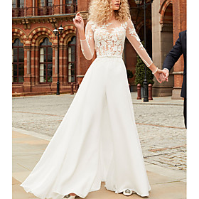 Jumpsuits Wedding Dresses Jewel Neck Floor Length Chiffon Lace 3/4 Length Sleeve Country Beach Sexy with Sashes / Ribbons Appliques 2021