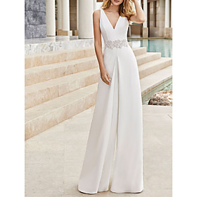 Jumpsuits Wedding Dresses V Neck Floor Length Satin Sleeveless Country Simple Sexy with Lace 2021
