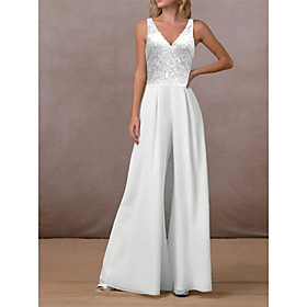 Jumpsuits Wedding Dresses V Neck Floor Length Chiffon Lace Sleeveless Country Simple with Appliques 2021