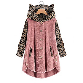 veste polaire pour femmes pull à capuche sweat bouton vers le bas chat oreille poche léopard chaud hiver surdimensionné outwear rose