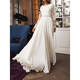 A-Line Wedding Dresses Jewel Neck Sweep / Brush Train Chiffon Lace Long Sleeve Beach Sexy with Sashes / Ribbons Bow(s) Appliques 2021