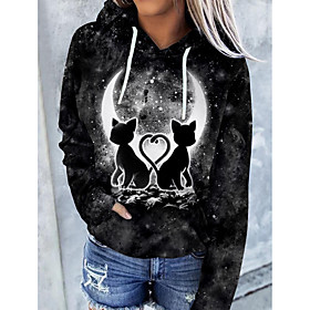 Femme Sweat à capuche Sweat-shirt Chat MOON Poche avant Imprimer Décontractée Des sports 3D effet Actif Vêtement de rue Pulls Capuche Pulls molletonnés Noir