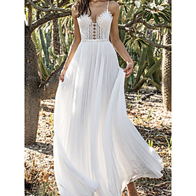 A-Line Wedding Dresses V Neck Spaghetti Strap Sweep / Brush Train Chiffon Lace Sleeveless Beach Sexy with Sequin Appliques 2021
