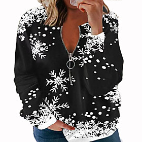 Femme Grande taille Hauts Sweat à capuche Motif de flocon de neige Imprimer Manches Longues Col en V Capuche Vêtement de rue Fin de semaine Mélange de Coton L'