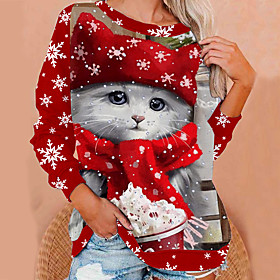 Femme Sweat-shirt Sweat Chat 3D Imprimer Noël Cadeau Noël Fin de semaine 3D effet Vêtement de rue Noël Pulls Capuche Pulls molletonnés Rouge