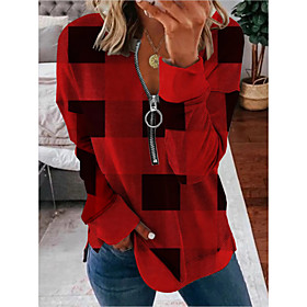 Femme Sweat-shirt Tartan Ecossais Patchwork Imprimer Col Ras du Cou du quotidien Des sports 3D effet Pulls Capuche Pulls molletonnés Ample Rouge