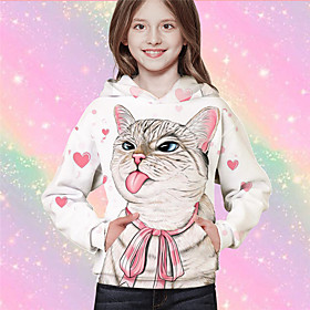 Sweat à capuche Fille Enfants Manches Longues 3D effet Chat Animal Poche Blanche Enfants Hauts L'autume L'hiver Actif Mode du quotidien du quotidien Intérieur