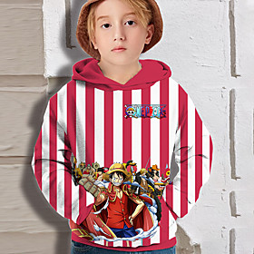 Sweat à capuche Garçon Enfants One Piece Manches Longues 3D effet Animé Poche Noir Enfants Hauts L'autume Actif Extérieur Standard 4-12 ans