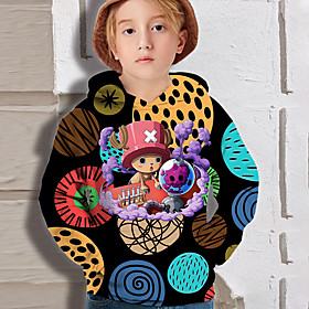 Sweat à capuche Garçon Enfants One Piece Manches Longues 3D effet Animé Poche Noir Enfants Hauts L'autume Actif Extérieur Standard 4-12 ans