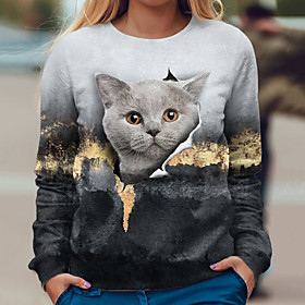 Femme Sweat-shirt Sweat Chat 3D Imprimer Décontractée Des sports 3D effet Actif Vêtement de rue Pulls Capuche Pulls molletonnés Gris