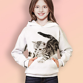 Sweat à capuche Fille Enfants Manches Longues 3D effet Chat Animal Poche Blanche Enfants Hauts L'hiver Printemps Actif Mode du quotidien du quotidien Intérieur