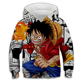 Sweat à capuche Garçon Enfants One Piece Manches Longues 3D effet Animé Poche Jaune Enfants Hauts L'autume L'hiver Actif Mode du quotidien du quotidien Intérie