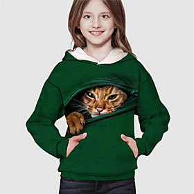 Sweat à capuche Fille Enfants Manches Longues 3D effet Chat Animal Poche Vert Enfants Hauts L'autume L'hiver Mode Vêtement de rue Adorable du quotidien Intérie