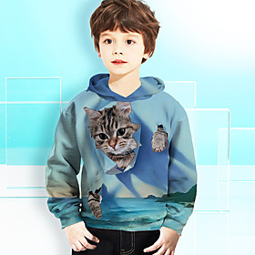 Sweat à capuche Garçon Enfants Manches Longues 3D effet Chat Animal Poche Bleu Enfants Hauts L'autume L'hiver Actif Mode du quotidien du quotidien Intérieur Ex