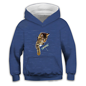 Sweat à capuche Garçon Enfants Manches Longues 3D effet Chat Animal Poche Bleu Enfants Hauts L'autume L'hiver Actif Mode du quotidien du quotidien Intérieur Ex