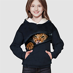 Sweat à capuche Fille Enfants Manches Longues 3D effet Chat Animal Poche Noir Enfants Hauts L'autume L'hiver Mode Vêtement de rue Adorable du quotidien Intérie