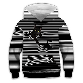 Sweat à capuche Garçon Enfants Manches Longues 3D effet Chat Bande Animal Poche Noir Enfants Hauts L'autume L'hiver Actif Mode du quotidien du quotidien Intéri