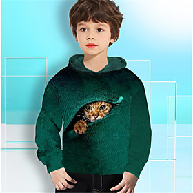 Sweat à capuche Garçon Enfants Manches Longues 3D effet Chat Animal Poche Vert foncé Enfants Hauts L'autume L'hiver Actif Mode du quotidien du quotidien Intéri