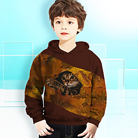 Sweat à capuche Garçon Enfants Manches Longues 3D effet Chat Animal Poche Marron Enfants Hauts L'autume L'hiver Actif Mode du quotidien du quotidien Intérieur