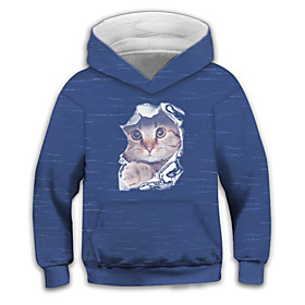 Sweat à capuche Garçon Enfants Manches Longues 3D effet Chat 3D Print Animal Poche Bleu Enfants Hauts L'autume L'hiver Actif Mode du quotidien du quotidien Int