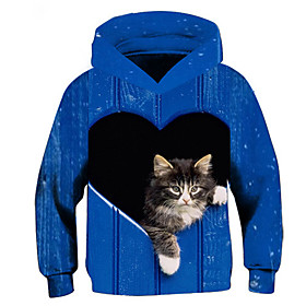 Sweat à capuche Garçon Enfants Manches Longues 3D effet Chat Animal Poche Bleu Enfants Hauts L'autume L'hiver Actif Mode du quotidien du quotidien Intérieur Ex