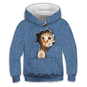 Sweat à capuche Garçon Enfants Manches Longues 3D effet Chat 3D Print Animal Poche Bleu Enfants Hauts L'autume L'hiver Actif Mode du quotidien du quotidien Int