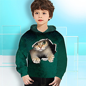 Sweat à capuche Garçon Enfants Manches Longues 3D effet Chat Animal Poche Vert Enfants Hauts L'autume L'hiver Actif Mode du quotidien du quotidien Intérieur Ex