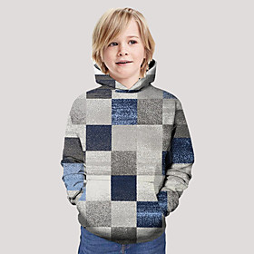 Sweat à capuche Garçon Enfants Manches Longues 3D effet Tartan Gris Enfants Hauts L'autume L'hiver Actif Mode du quotidien du quotidien Intérieur Extérieur Sta