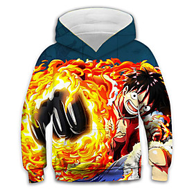 Sweat à capuche Garçon Enfants One Piece Manches Longues 3D effet Animé Poche Bleu Enfants Hauts L'autume L'hiver Actif Mode du quotidien du quotidien Intérieu