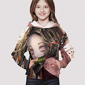 Sweat à capuche Fille Enfants Tueur de démons Manches Longues 3D effet Animé Poche Rose Claire Enfants Hauts L'autume L'hiver Mode Vêtement de rue Adorable du