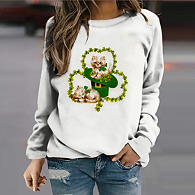 Femme Sweat-shirt Sweat Chat Feuille Imprimer du quotidien Des sports 3D effet Vêtement de rue Fête de la Saint-Patrick Pulls Capuche Pulls molletonnés Blanche