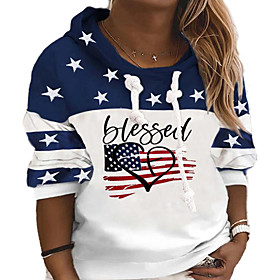 Femme Grande taille Hauts Sweat à capuche Cœur Drapeau Imprimer Manches Longues Capuche Vêtement de rue du quotidien Sortie Polyester Printemps Eté Bleu Marine