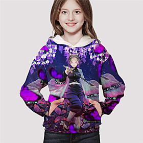 Sweat à capuche Fille Enfants Tueur de démons Manches Longues 3D effet Animé Poche Violet Enfants Hauts L'autume L'hiver Mode Vêtement de rue Adorable du quoti