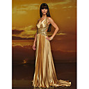 Gold Empire Straps Chapel Train Taffeta Prom / Evening Dress (HSX313) Free Shipping