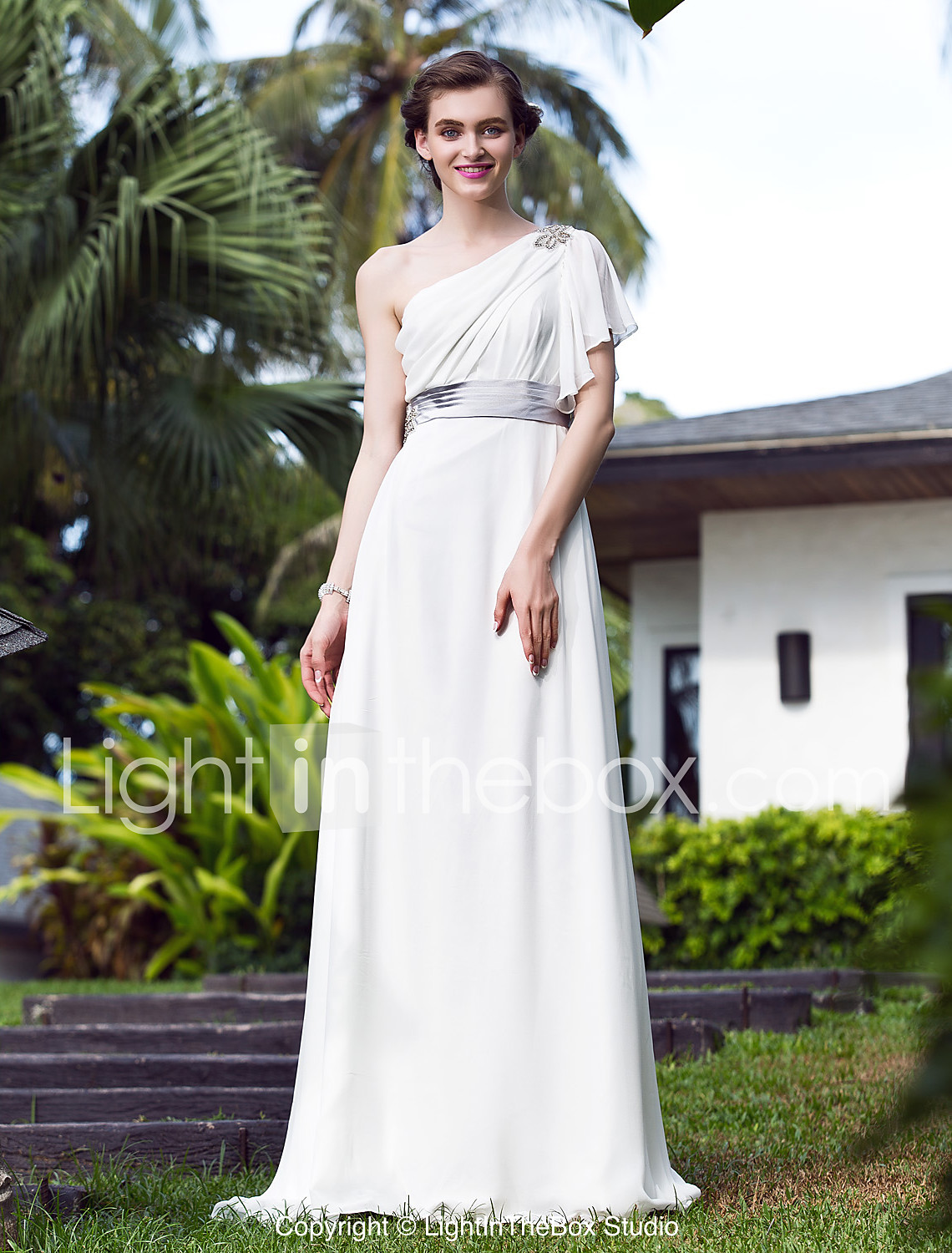 A Line One Shoulder Sweep Brush Train Stretch Satin Georgette
