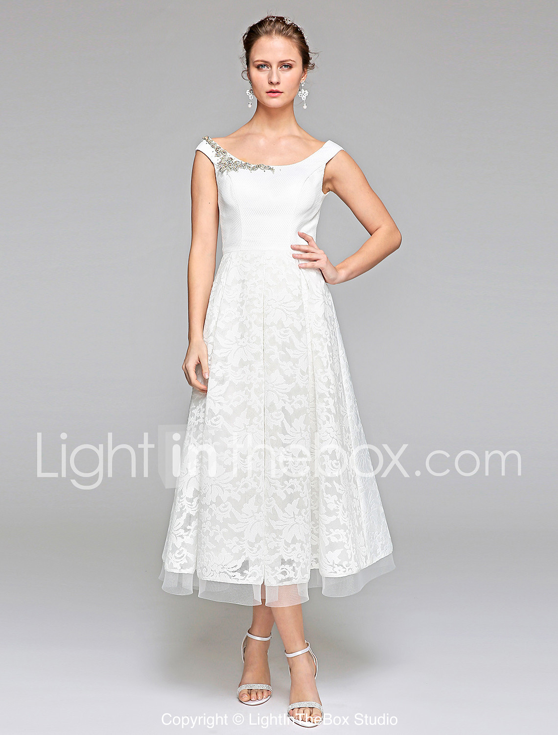 A Line Scoop Neck Tea Length Lace Made To Measure Wedding Dresses