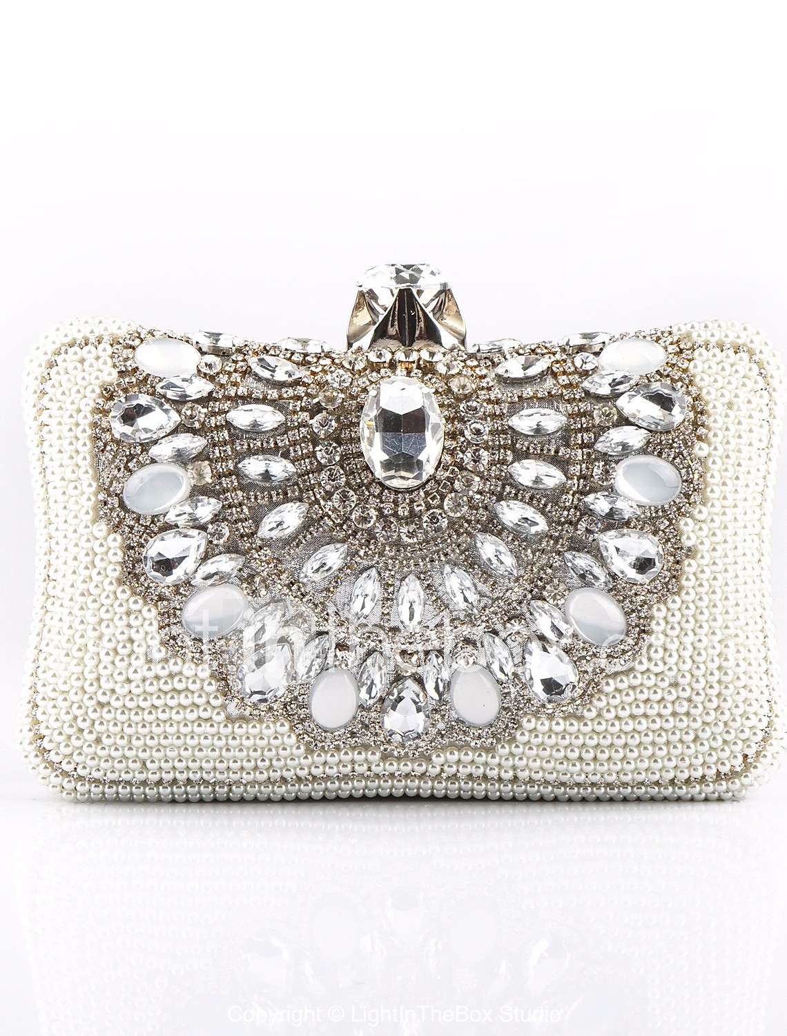 silver evening bag with rhinestones