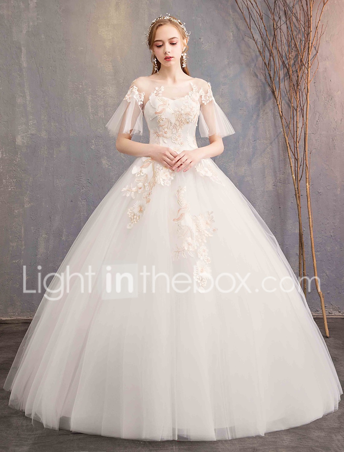 Ball Gown Bateau Neck Maxi Lace Tulle Short Sleeve Made To